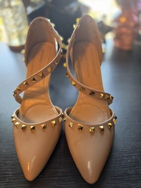 Adrienne Vittadini Nude Patent Pointed-Toe Studded D'Orsay Heels